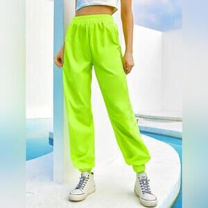 Neon Lime Elastic Belted Waist Contrast Piping Pants